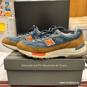 NBxJCrew New Balance 992 in royal orange and blue.